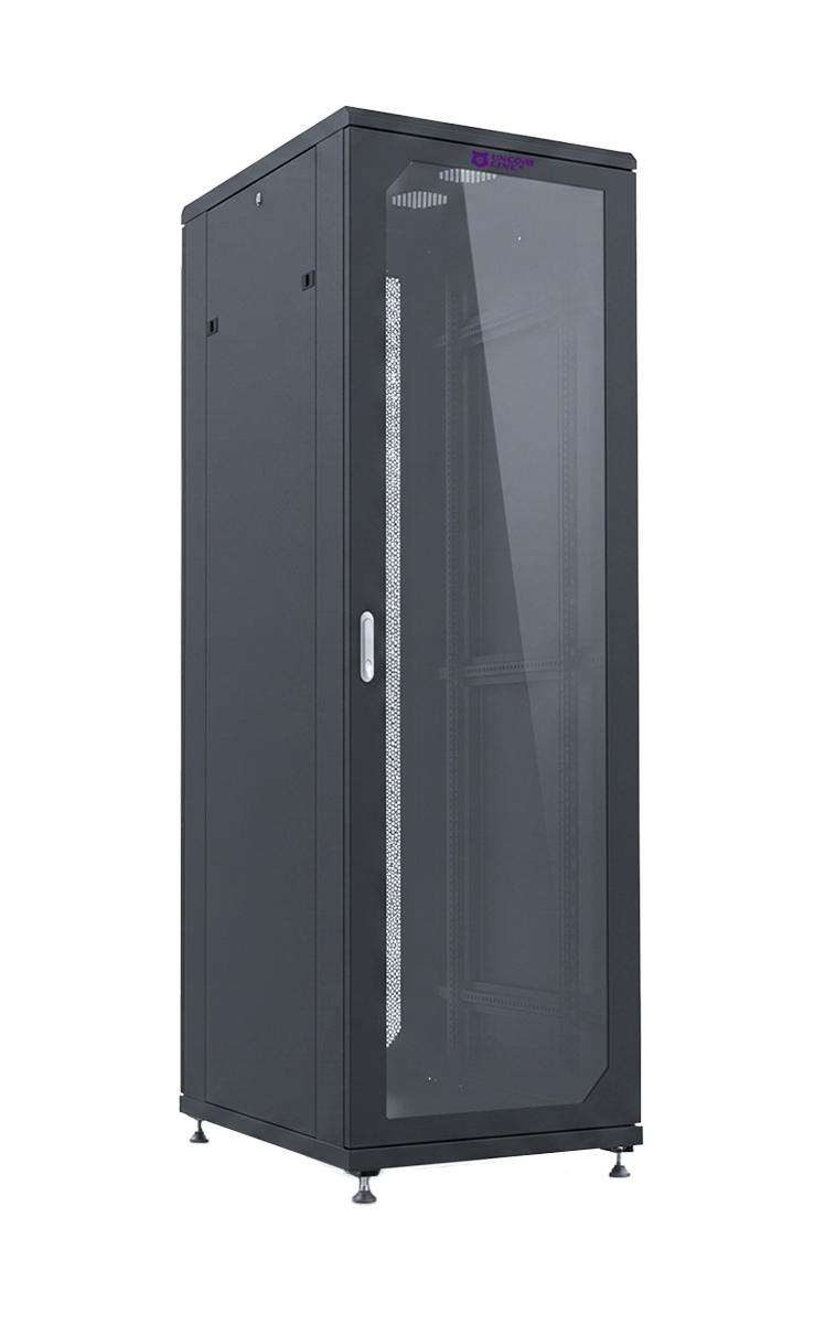 UCL FSC-2261-SG-SP-RAL9005 Шкаф напольный 19″, 22U, 600x1000 мм, передняя стеклянная дверь, задняя перфорированная стальная, разобранный, черный, Uncomline