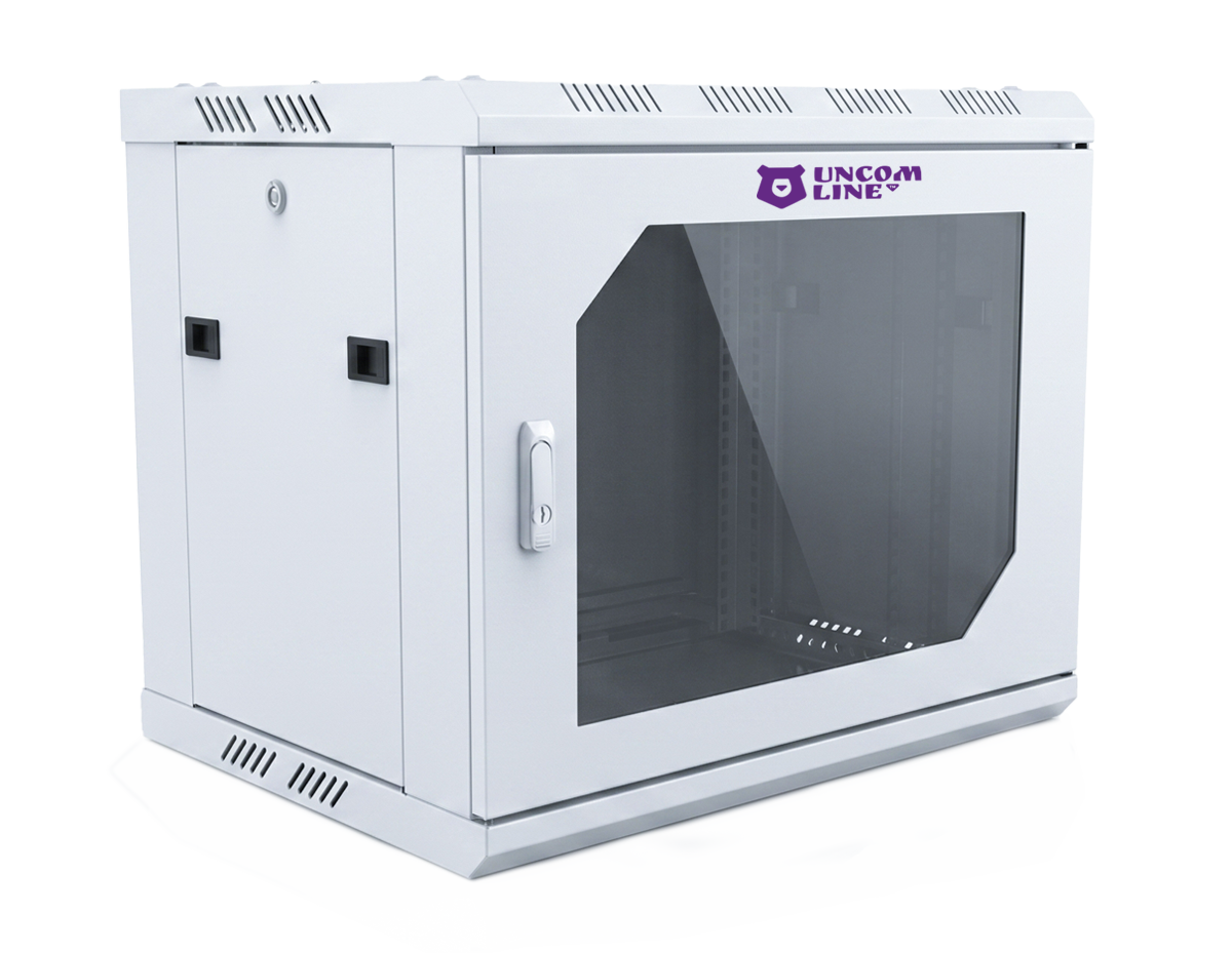 UCL WMC-1266-SG-RAL7035 Шкаф настенный 19″, 12U, 600x600 мм,  стеклянная передняя дверь, серый, Uncomline