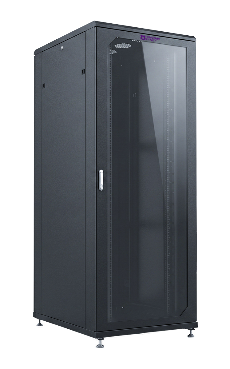 UCL FSC-4781-SG-SS-RAL9005 Шкаф напольный 19″, 47U, 800x1000 мм, передняя стеклянная дверь, задняя цельная стальная, разобранный, черный, Uncomline