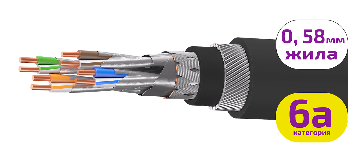 UCLP SF/FTP Cat 6A К ZH/ZH нг(А)-HF 4x2x0,58 BK-IN/OUT-305 Кабель парной скрутки, экран., кат. 6A, 4x2x0,58 мм, ZH/ZH нг(А)-HF, внутр./внеш., бронир., черный, 305 м, Uncomline
