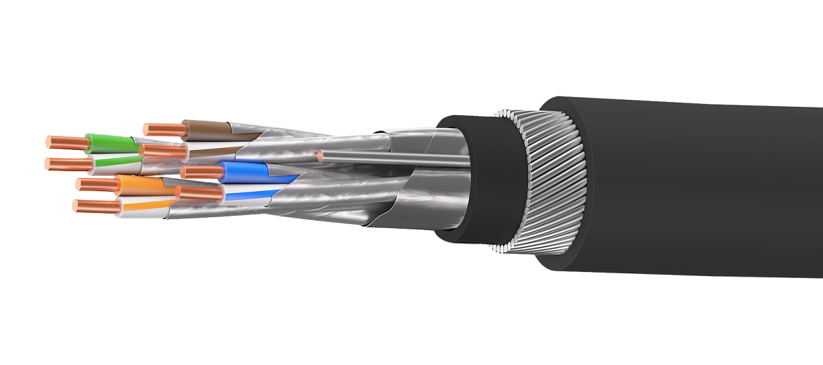 UCLP F/FTP Cat 6A К PUR/PUR 4x2x0,58 BK-OUT-305 Кабель парной скрутки, экран., кат. 6A, 4x2x0,58 мм, PUR/PUR, внеш., бронир., черный, 305 м, Uncomline